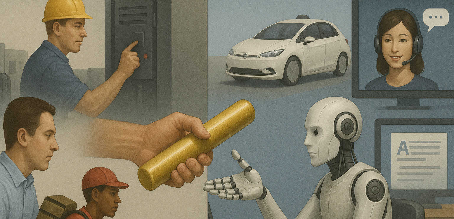 Automation and AI transforming the workplace, showing the transition from human workers to artificial intelligence and robotics