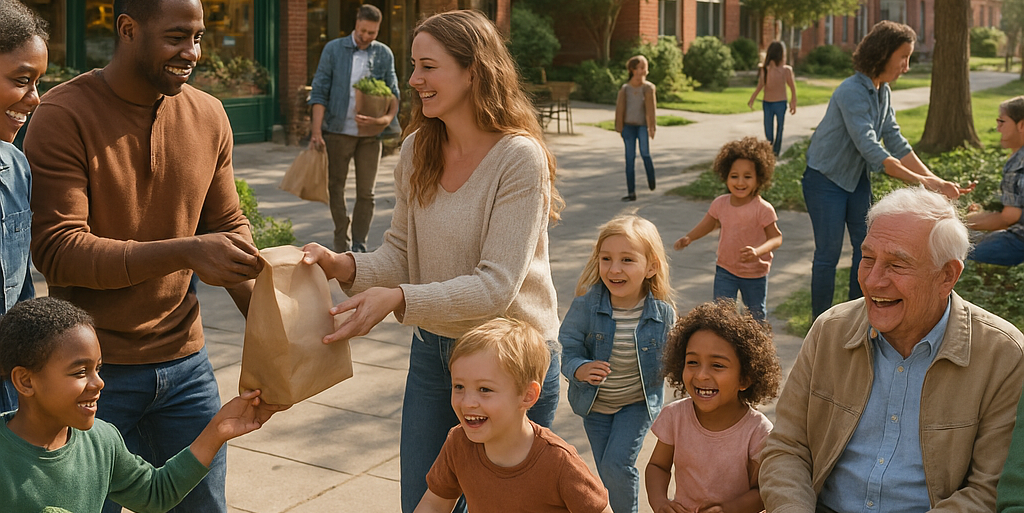 Community members engaging in local economic activities, showing how UBI can strengthen social fabric and local economies